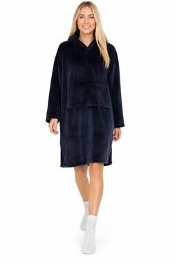 LRR289 32 Degrees Heat Navy Plush Hooded Lounger Sleep Dress Large Soft Cozy